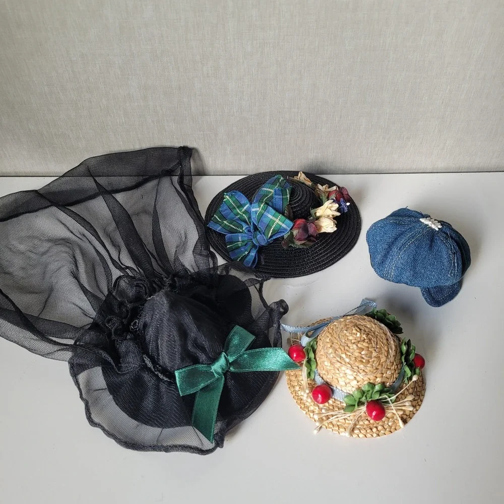 VTG Doll Hats Lot Straw Bonnet Cherries Witch Veil Denim Cap Fits 8